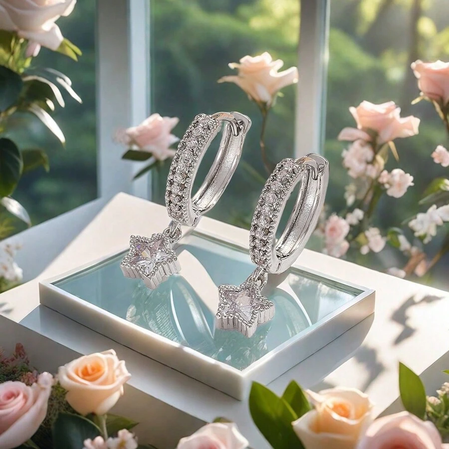 1pair 2024 European/ Recommended Gift For Valentine's Day Earrings, Made Of Pure Brass, Microset With Cubic Zirconia. Suitable For Women To Wear On Festivals, Dates, Parties, Schools And Daily Life. (Recommended Valentine's Day Gift For 2024) - Brows and Eyes Creative Design Boutique Copper Earrings - View 1