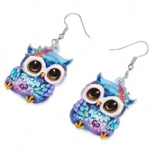 1對亞克力可愛貓頭鷹耳環,耳吊針低敏感度,動漫鳥情人節禮物,適用於女性女孩的魅力裝飾品 - 淺藍色 - 查看 3