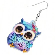 1對亞克力可愛貓頭鷹耳環,耳吊針低敏感度,動漫鳥情人節禮物,適用於女性女孩的魅力裝飾品 - 淺藍色 - 查看 4