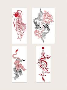 4pcs Waterproof And Sweatproof Temporary Tattoo Sticker Set With Chinese Style Patterns, Including Dragon, Tiger, Fish, Flowers, Phoenix, Etc. It Is Fashionable, Exquisite, And Attractive For Daily Use Of Fashionable People.