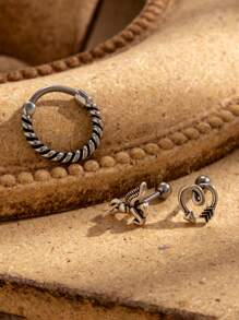 1pc Fashionable French Style Vintage Stainless Steel Twisted Hoop Earring With Unicorn, Heart & Stud Design - Silver - View 5