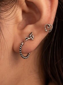 1pc Fashionable French Style Vintage Stainless Steel Twisted Hoop Earring With Unicorn, Heart & Stud Design - Silver - View 1
