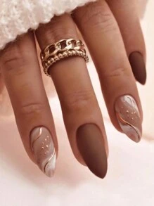 24入組長款優雅啞光條紋假指甲，適合學生和上班族日常佩戴的壓克力指甲貼片指甲用品