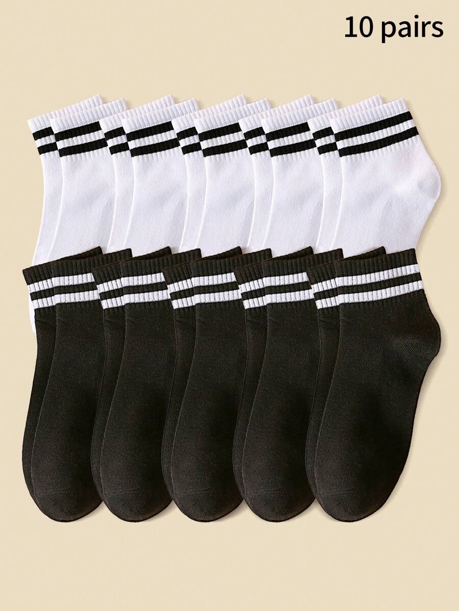 10pairs/Set Women's Black & White Double Stripe Simple And Versatile Short Socks For School And Sports