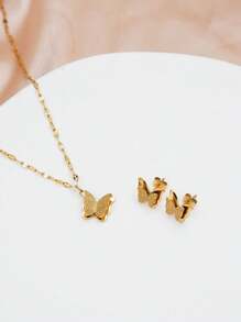 3入組18k鍍金不鏽鋼蝴蝶形項鍊和耳環,鑲有透明水晶,適合作為女性節慶禮物 - 金黃色 - 查看 7
