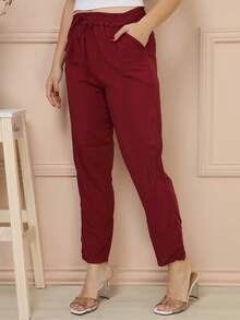 Women Pants - 酒紅色 - 查看 3