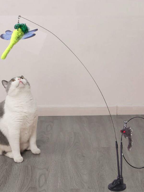 1 pieza Varilla larga de alambre de acero con ventosa de epoxi mejorada y plumas de color aleatorio para jugar con gatos. Juguete para gatos sin ingredientes dañinos.