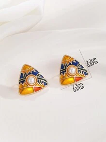 復古三角形鏤空琺瑯製作油畫女用夾式耳環 - 金色 - 查看 4