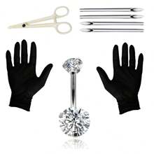 8pcs/Set Belly Piercing Kit - 14G Belly Button Ring With 316L Steel Piercing Needles And Piercing Clamp Belly Kit - Silver - View 1