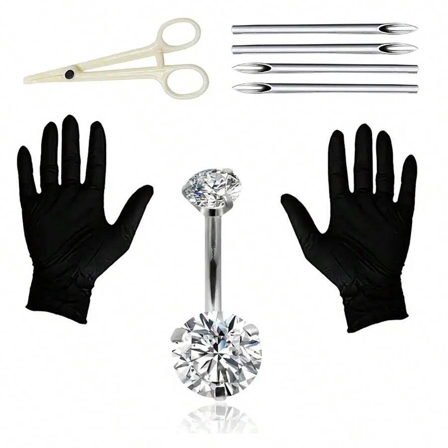 8pcs/Set Belly Piercing Kit - 14G Belly Button Ring With 316L Steel Piercing Needles And Piercing Clamp Belly Kit - Silver - View 1