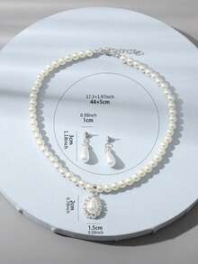 3入組新娘水滴形鑽石和珍珠耳環項鍊套裝 - 白色 - 查看 5