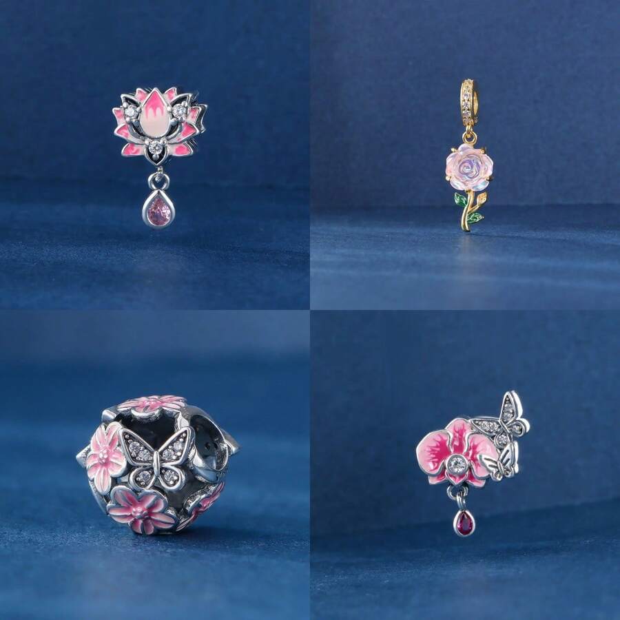 1 Pc 925 Sterling Silver Beaded Lotus & Roses & Flowers Butterfly & Phalaenabutterfly Everything Explosion Plant Flower Elements Valentine's Day Gift For Wife Girlfriend Women Gifts - Pink - View 1