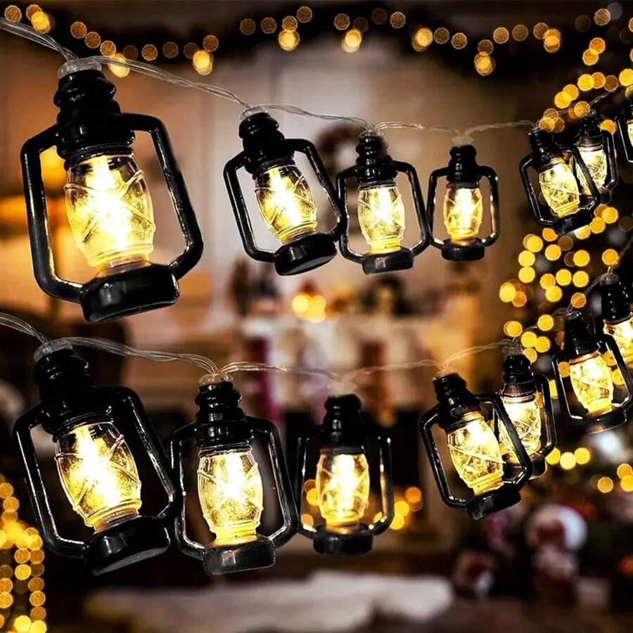 1pc 10/20/30/40 LED Black Lantern String Lights, Size Options: 59.05in/118.11in/177.16in/236.22in, Mini Oil Lamp Style String Lights, Suitable For Indoor Outdoor Patio Garden Holiday Home Party Camping Decor - 黑色 - 查看 1