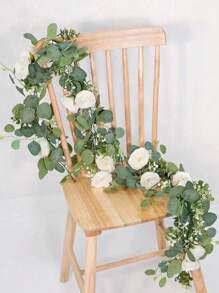 1PC Artificial Eucalyptus Flower Garland With White Roses, Fake Rose Flower Greenery Garland Floral Vines For Wedding Home Party Table Runner Decor, Valentine Day, Gift - White and green - View 5