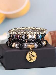 4 cái/bộ Phong cách Bohemian Ly Nhiều lớp Vòng tay Ngăn xếp Với Love Tiếng Anh Treo trang trí chữ cái Vật rủ xuống Đồ trang sức - màu đen - Xem 2