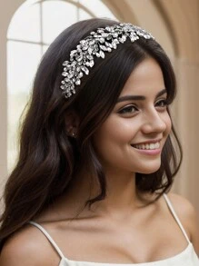 1pc Bridal Hairband With Rhinestone Horse Chain, Leaf & Crystal Design Bridesmaid Hair Accessory, Wedding Dress Jewelry, Hair Comb For Women Elegant Boho Tiaras