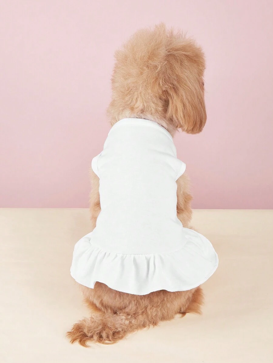 1pc Ruffled T-Shirt Dress, Princess Ruffle Hem, Teddy Dog & Cat Pet Print Sleeveless Dress, Spring/Summer - White - View 1