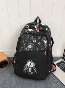 1 pieza Mochila unisex de nailon con estampado de niño espacial y estampado de letras, cierre con cremallera, bolsa de hombro casual y de moda para la escuela