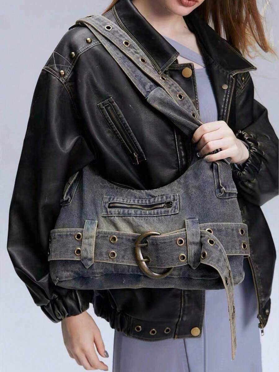 Dedoo Women's New Y2k Shoulder Bag Portable Retro Tote Bag Casual Cool Style Millennium Elements Punk Style Metal Rock Metal Decorative Large-Capacity Commuter Black Messenger Bag, Suitable For Shopping And Travel, Suitable For Multi-Scene, Women's Shoulder Bag Widely Used In Many Places. - Multicolor - View 1