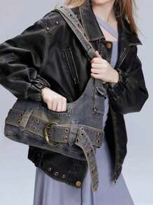 Dedoo Women's New Y2k Shoulder Bag Portable Retro Tote Bag Casual Cool Style Millennium Elements Punk Style Metal Rock Metal Decorative Large-Capacity Commuter Black Messenger Bag, Suitable For Shopping And Travel, Suitable For Multi-Scene, Women's Shoulder Bag Widely Used In Many Places. - Multicolor - View 4