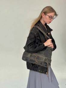 Dedoo Women's New Y2k Shoulder Bag Portable Retro Tote Bag Casual Cool Style Millennium Elements Punk Style Metal Rock Metal Decorative Large-Capacity Commuter Black Messenger Bag, Suitable For Shopping And Travel, Suitable For Multi-Scene, Women's Shoulder Bag Widely Used In Many Places. - Multicolor - View 5