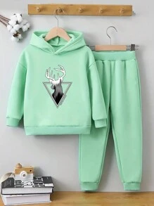 2入組青少年男孩印花綠色連帽毛絨衫和褲子套裝，適用於秋天、春天和冬天 - 綠色 - 查看 1