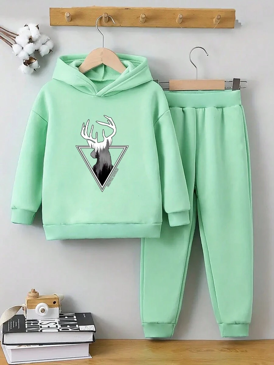 2入組青少年男孩印花綠色連帽毛絨衫和褲子套裝，適用於秋天、春天和冬天 - 綠色 - 查看 1