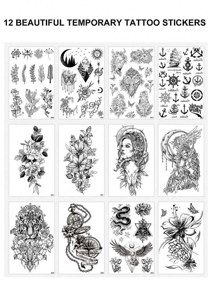 12 Half Arm Temporary Tattoos Sleeve Tattoos Waterproof Realistic Long