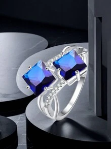 1pc Stylish, Creative And Unique Cross Sparkling Double-Rectangle Heart-Shaped Ring Unisex, Perfect Gift For Christmas And New Year - Cubic Zirconium - View 3