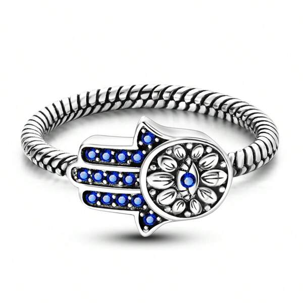 1pc Silver-Plated Vintage Blue Cubic Zirconia Evil Eye Hamsa Hand Protection Ring, Stylish Unisex Jewelry Suitable For Daily Wear For Women