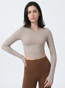 拇指孔腰系帶修身短款上衣鍛煉瑜伽長袖T恤 - 摩卡棕 - 查看 4