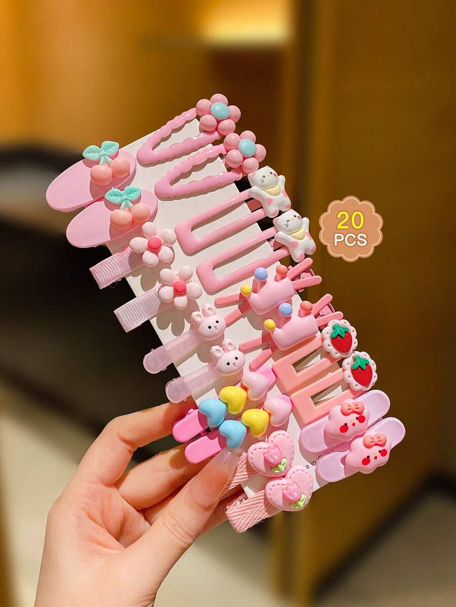 20 piezas Pinzas de cabello dulce caramelo color con dibujos animados para con fleco - Rosa - Ver 1