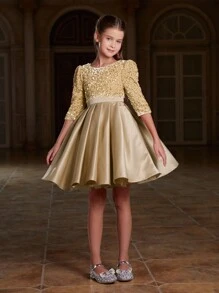 Tween Girls Sequin Top Mix Pleated Satin Hem Dress - Champagne - View 7