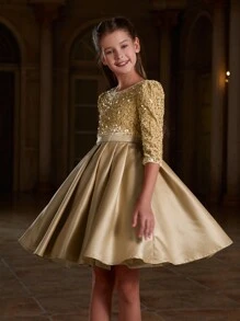 Tween Girls Sequin Top Mix Pleated Satin Hem Dress - Champagne - View 6