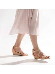 Women's Adjustable Ankle Strap Open Toe Platform  Low Wedge Work Wedding Party Prom Pump Sandals - 杏色 - 查看 6