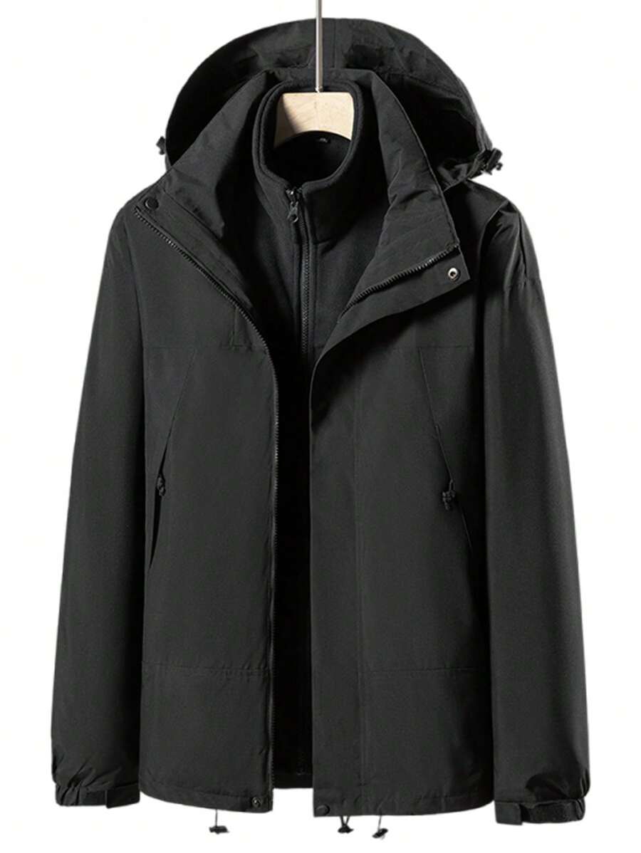 Men Anti-Static And Warm Outdoor Waterproof Hooded Shell Jacket - Black - View 1