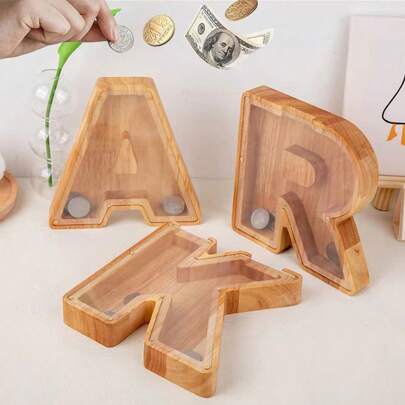 存钱罐个性化 A-Z 字母 0-9 数字存钱罐木质透明字母存钱罐装饰创意存钱罐生日、圣诞节和感恩节礼物