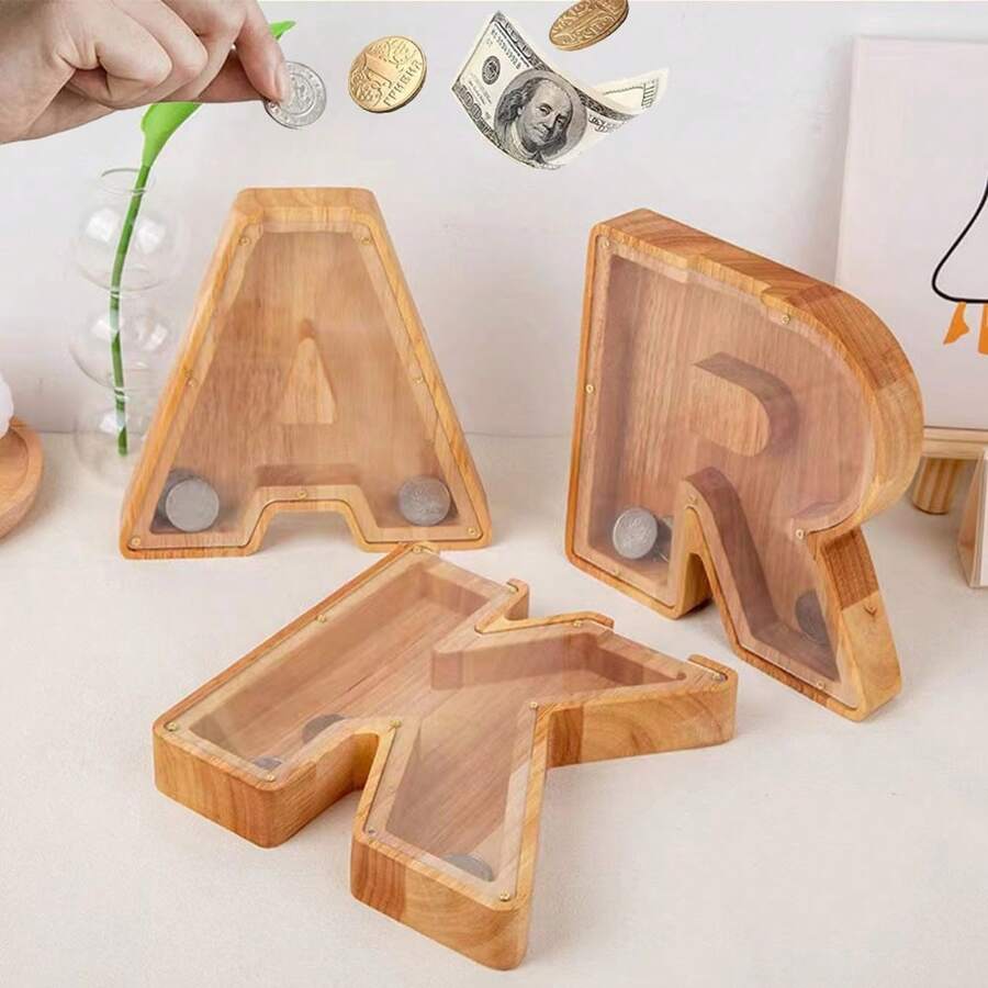 存钱罐个性化 A-Z 字母 0-9 数字存钱罐木质透明字母存钱罐装饰创意存钱罐生日、圣诞节和感恩节礼物