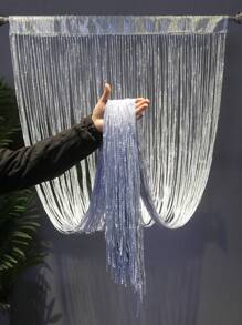 1pc Shiny Silver Thread Curtain With Thickened S Curtain Design And Tassel Decoration, Used For Window, Door, Room, Wedding Decoration