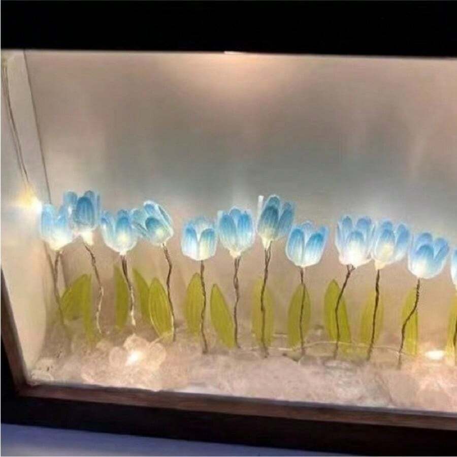 Diy發光畫框人造鬱金香花夜燈臥室家居裝飾擺件家庭禮品家用品 - 藍色 - 查看 1