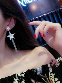 1pair Copper Alloy Personalized Star Shaped Long Tassel Dangle Earrings For Women - Five-pointed Star - View 1