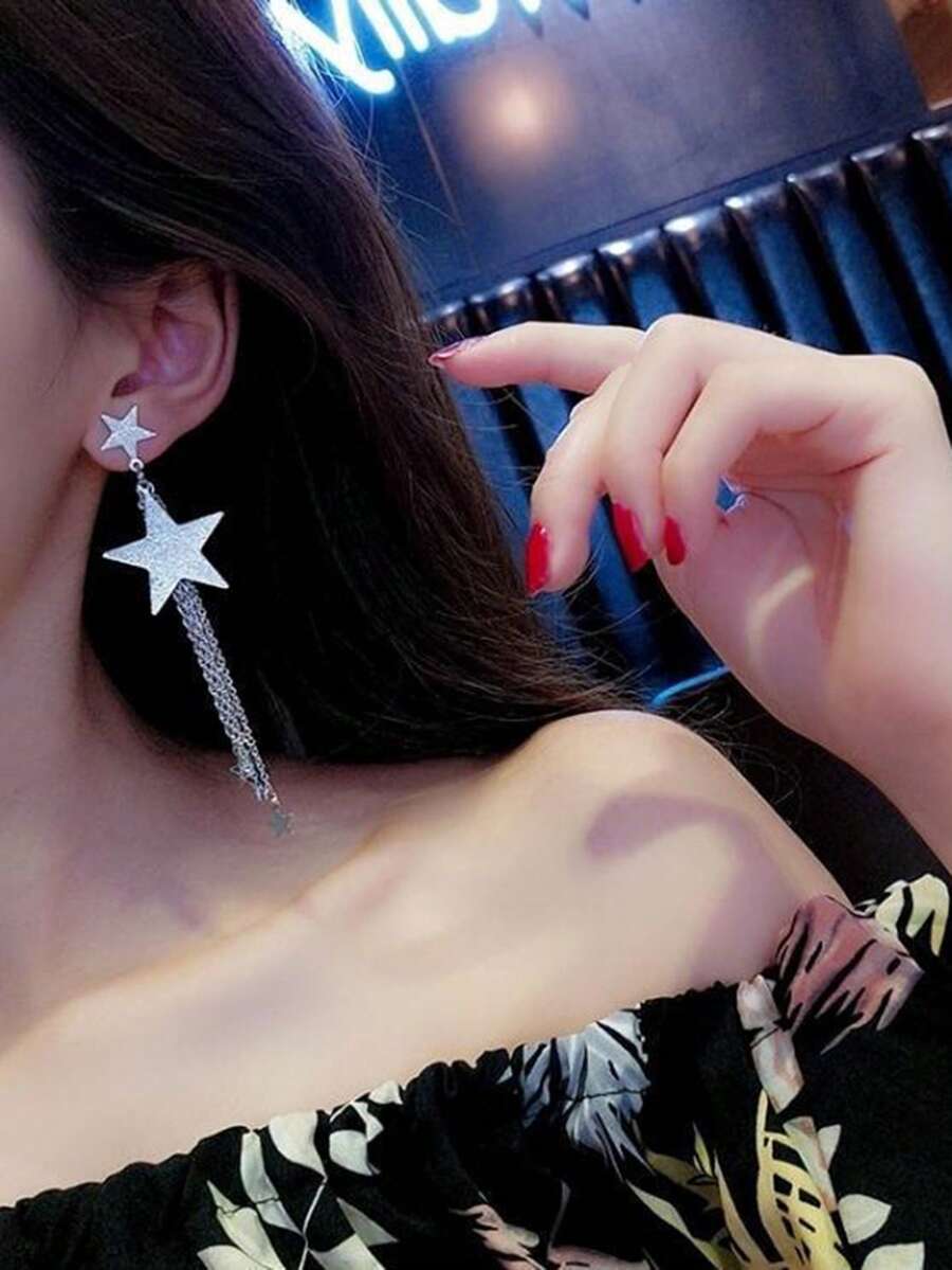 1pair Copper Alloy Personalized Star Shaped Long Tassel Dangle Earrings For Women - Five-pointed Star - View 1