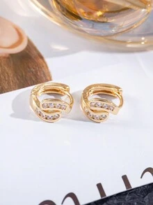 1對2024新款耳環,雙線鑲石奢華耳夾,獨特設計鑲鑽石圓形耳釘,適合時尚愛好者 - 金色 - 查看 7