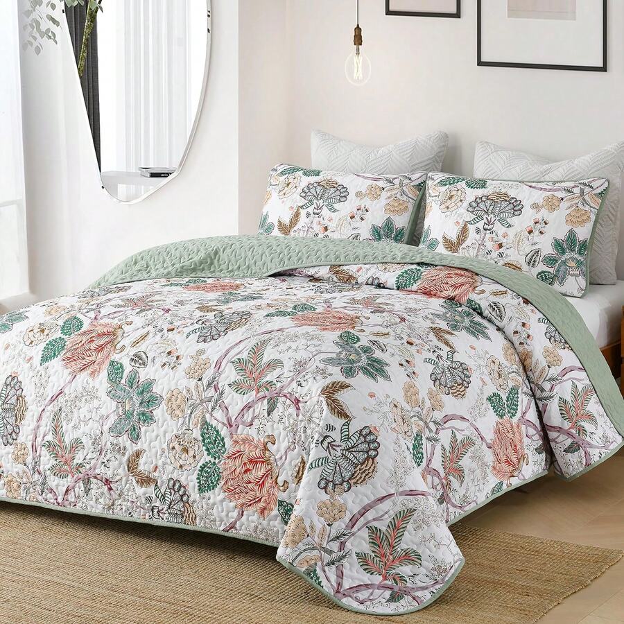 3 Pieces  DJY Floral Quilt Set Queen Size, Blue Botanical Bedspread Coverlet Set Soft Lightweight Microfiber Vintage Flower Bedding Set For All Season - 鼠尾草綠 - 查看 1