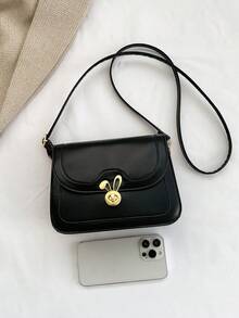 Fashionable Turn-Lock Design Shoulder Bag For Girls With Color Block Flap, Women Handbag - Black - View 11