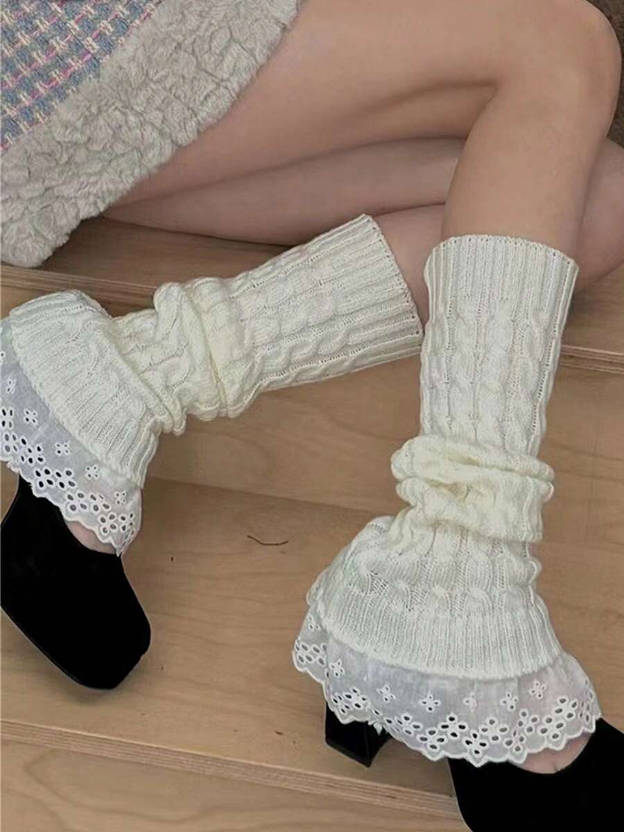 1對女士秋冬用針織腿套,帶有蕾絲和扭結設計 - 白色 - 查看 1