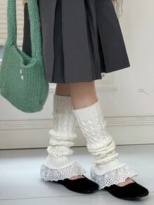 1對女士秋冬用針織腿套,帶有蕾絲和扭結設計 - 白色 - 查看 4