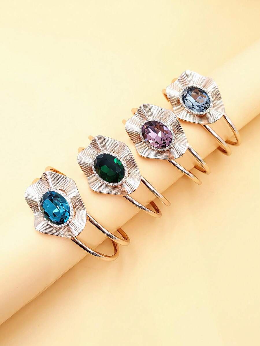 1pc Women's High-End Crystal Gemstone Bangle With Open Design, European And American Style, Fashionable, Personalized, And Exaggerated - Royal Blue - View 1