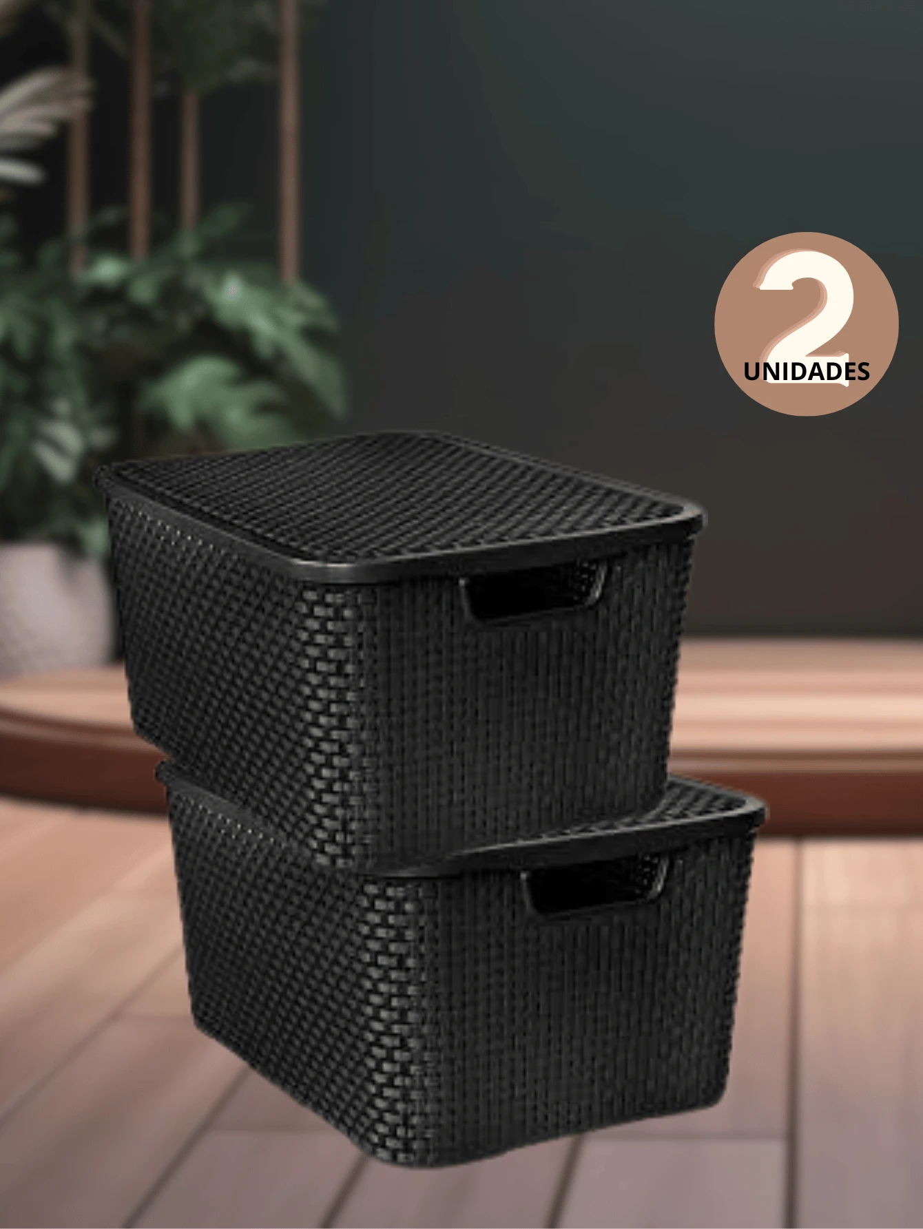 Kit 2 Caixas Organizadora Rattan Cesto com Tampa 7 Litros Preto - Preto - Visão 1