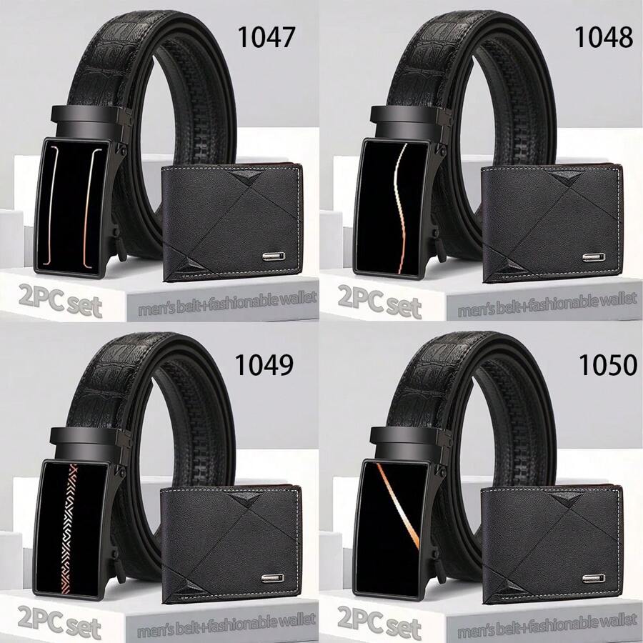 2入組男士腰帶+錢包套裝,新款鱷魚紋黑色商務休閒黑色配件pu自動扣牛仔多功能腰帶,適合當爸爸、男朋友、兄弟、丈夫聖誕禮物,作為青少年生日禮物的腰帶